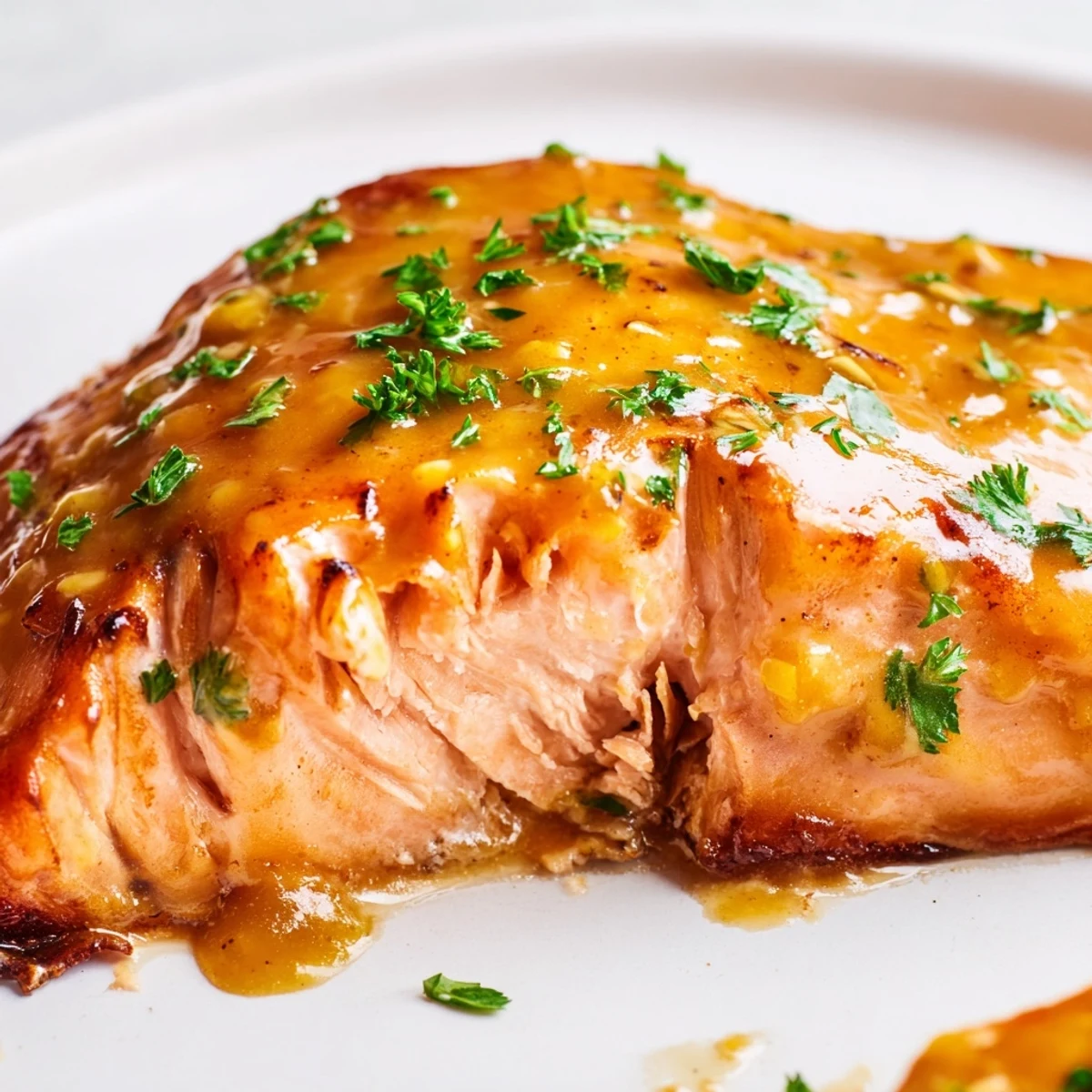 Perfectly cooked Baked Salmon with Honey Mustard plated alongside roasted vegetables for a healthy, gluten-free weeknight dinner.