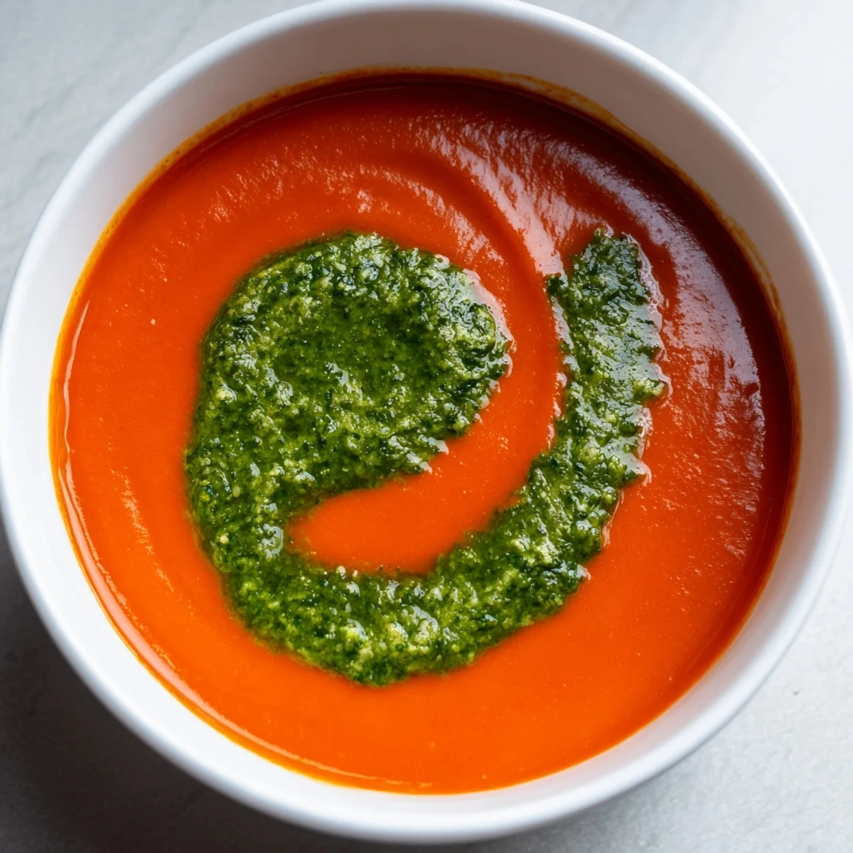 Creamy Tomato Soup with Basil Pesto served steaming in a white bowl, pesto swirl visible on top.