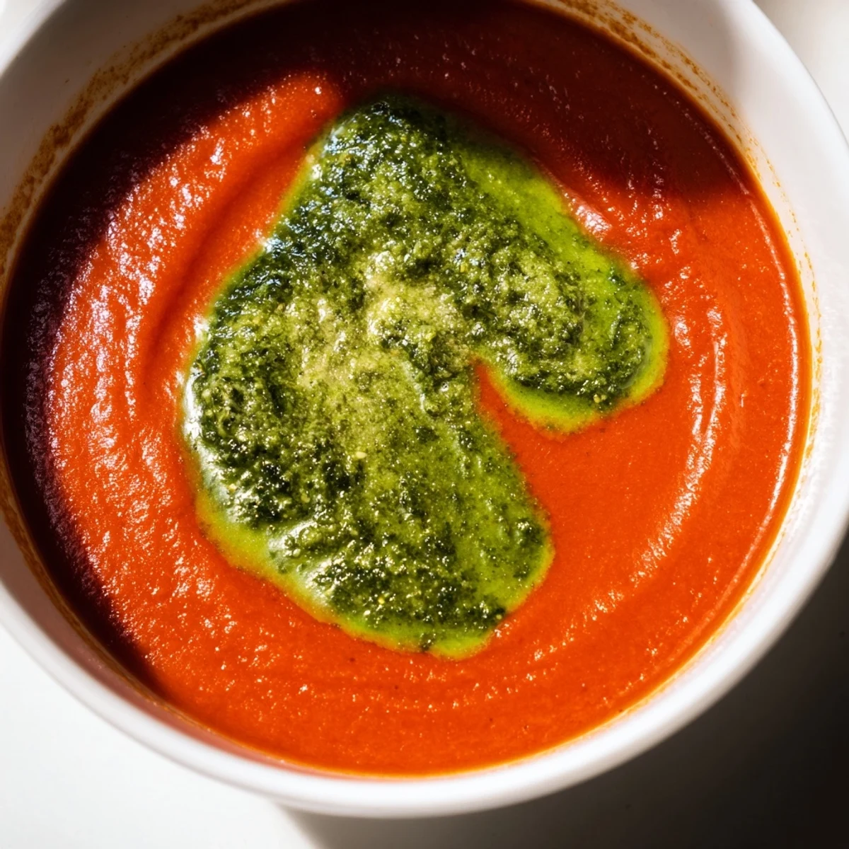 Close-up of Creamy Tomato Soup with Basil Pesto, pesto glistening beside fresh basil garnish.
