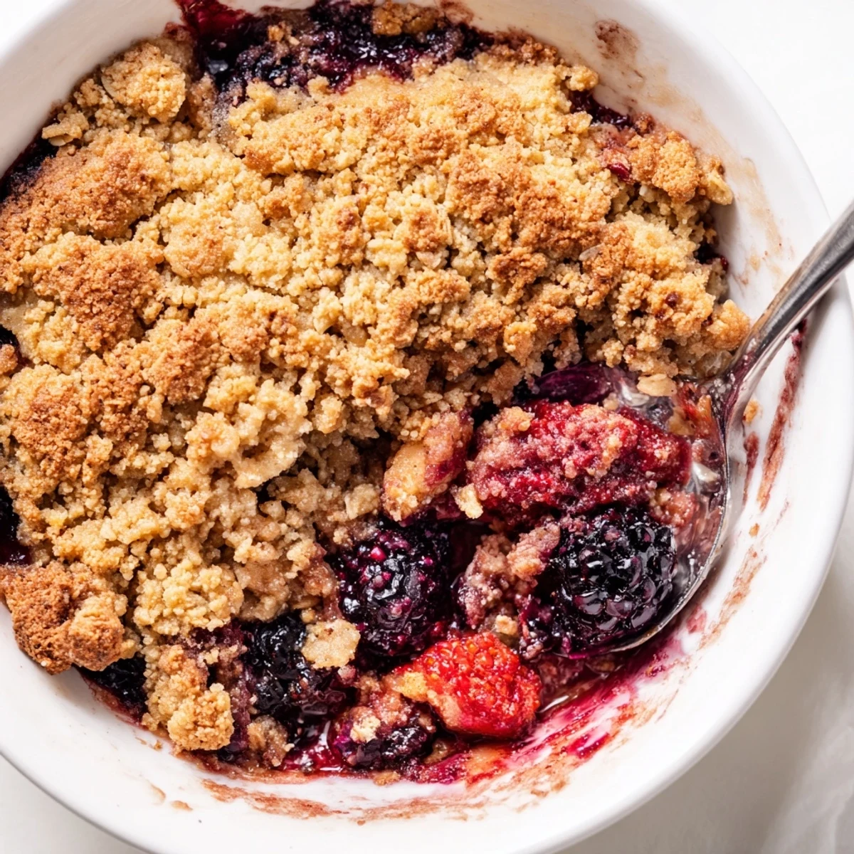 Freshly baked Winter Berry Crumble with oats sits bubbly and golden in a rustic dish, ready to be scooped into dessert bowls.