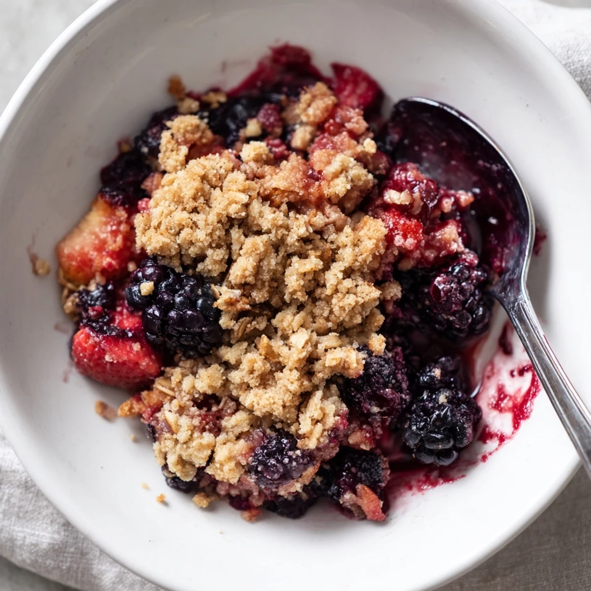A close-up of Winter Berry Crumble reveals juicy berries and a crunchy oat topping, dusted with cinnamon beside a steaming cup of tea.