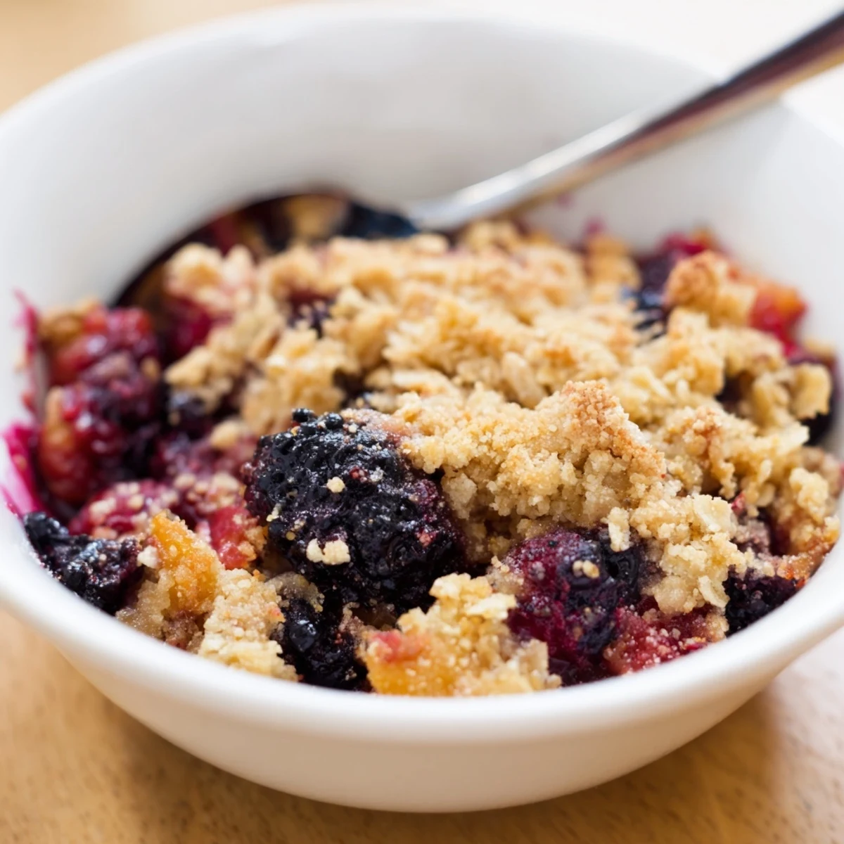 Rustic Winter Berry Crumble served warm with melting vanilla ice cream, highlighting bubbling purple berries and a crispy oat crust.