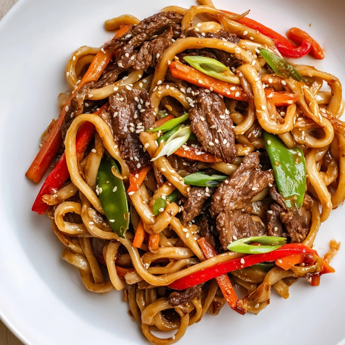 Steaming hot Spicy Beef Stir Fry with Udon Noodles features tender beef and colorful crisp vegetables in a glossy sauce.
