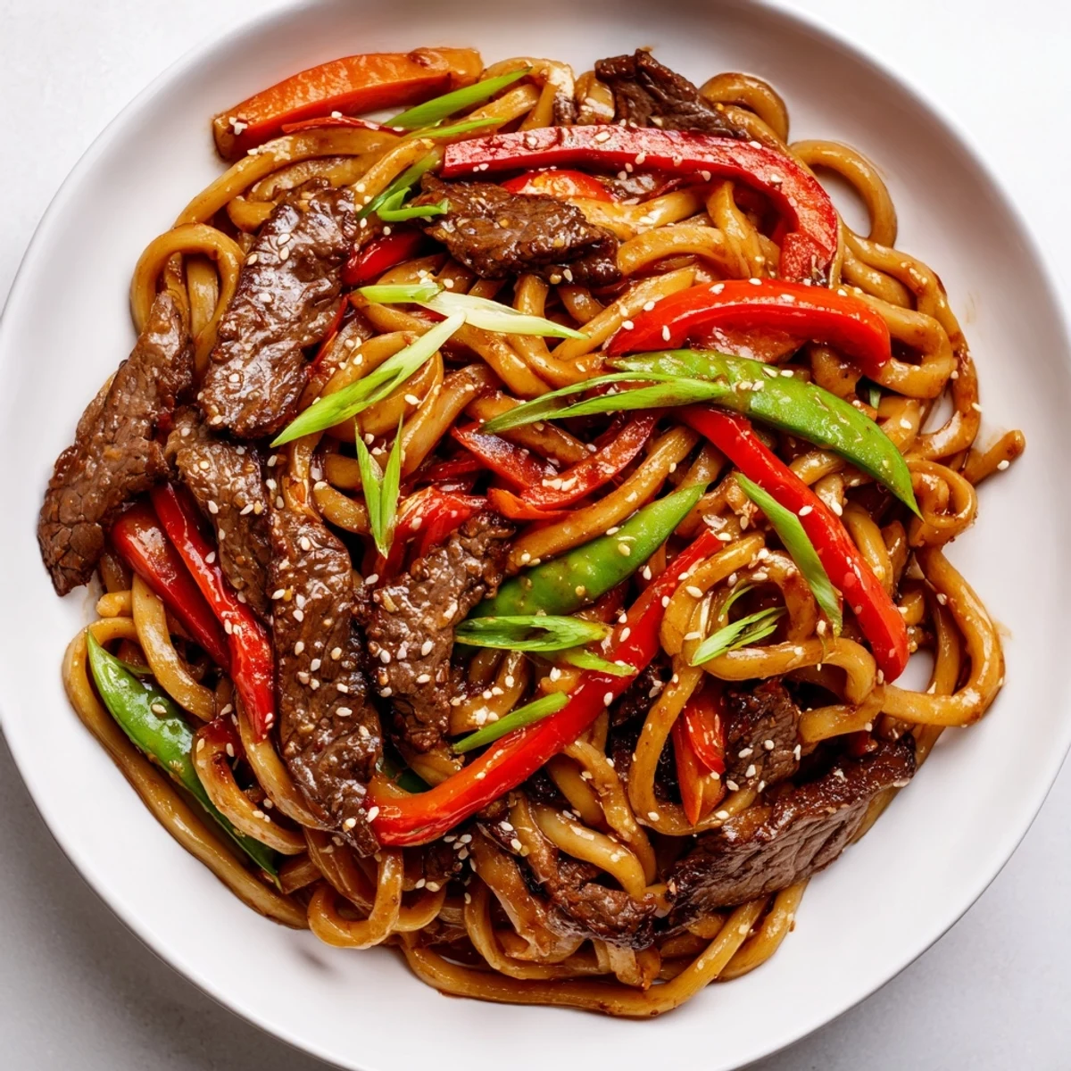 Freshly cooked Spicy Beef Stir Fry with Udon Noodles plated with juicy beef strips, peppers, and onions topped with sesame seeds.