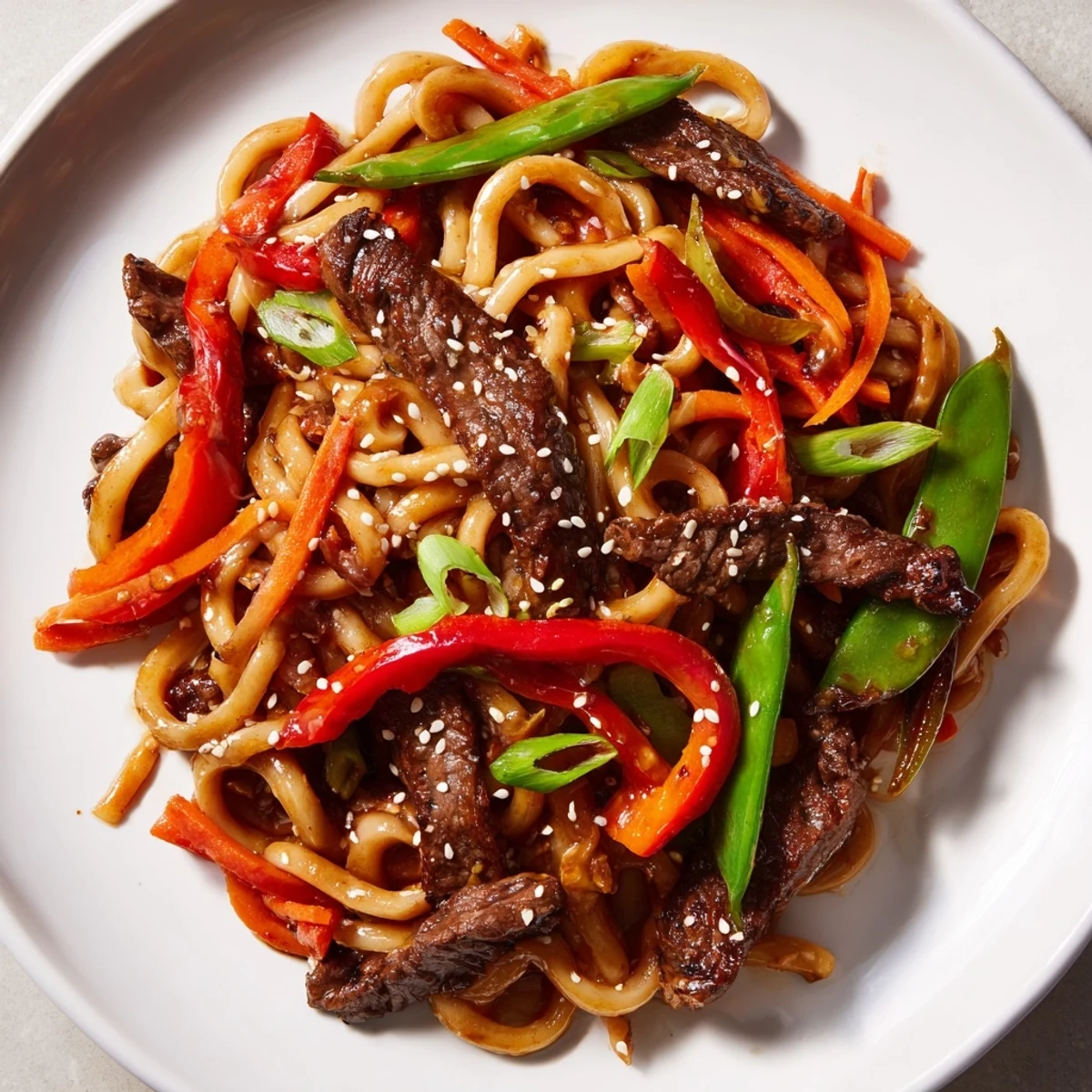 Sizzling pan of Spicy Beef Stir Fry with Udon Noodles tossed with chewy noodles, snap peas, and carrots ready to serve.