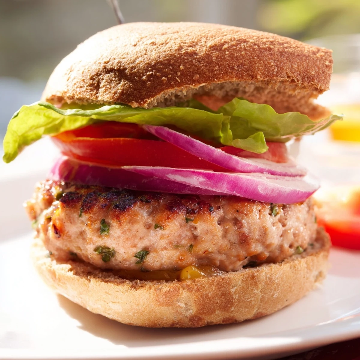 Freshly cooked Turkey Burger with Sweet Potato Fries on a plate, garnished with lettuce and tomato for a healthy meal.