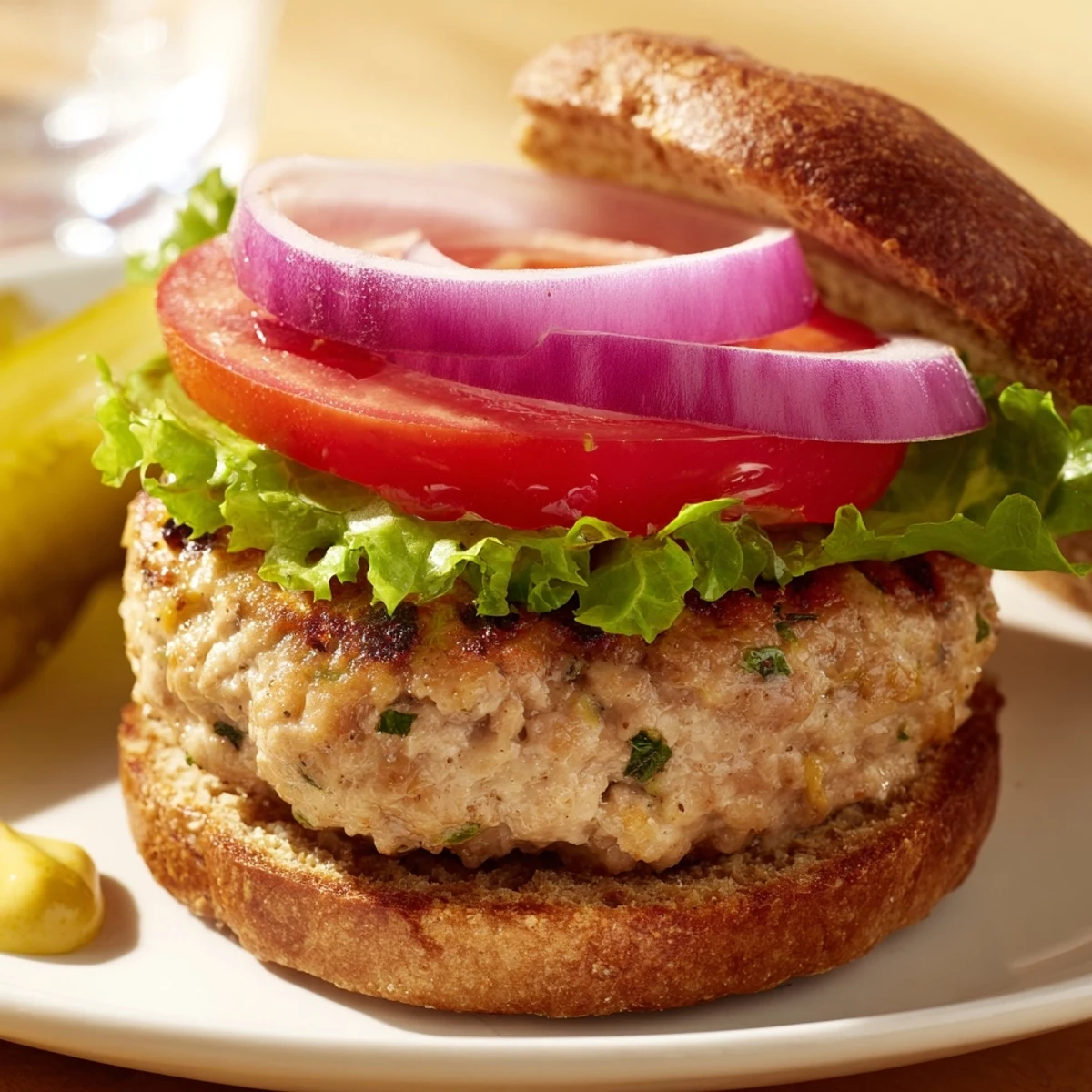 Golden brown Turkey Burger with Sweet Potato Fries served alongside ketchup and fresh red onion slices on a rustic table.