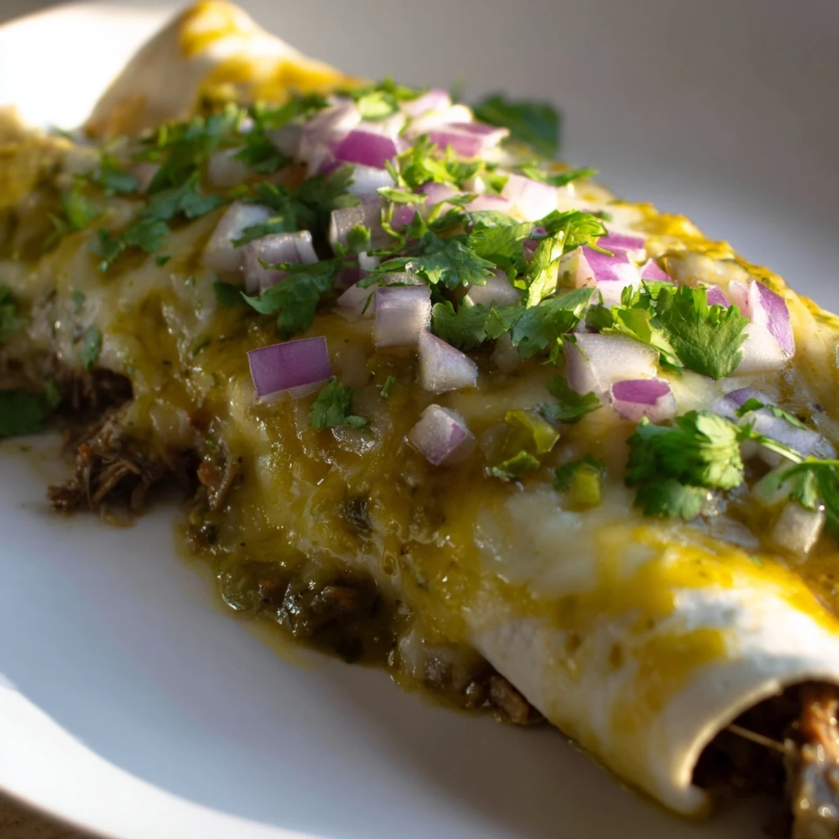 Homemade Beef Enchiladas with Green Chili Sauce topped with melted cheese, ready to eat for a family dinner.
