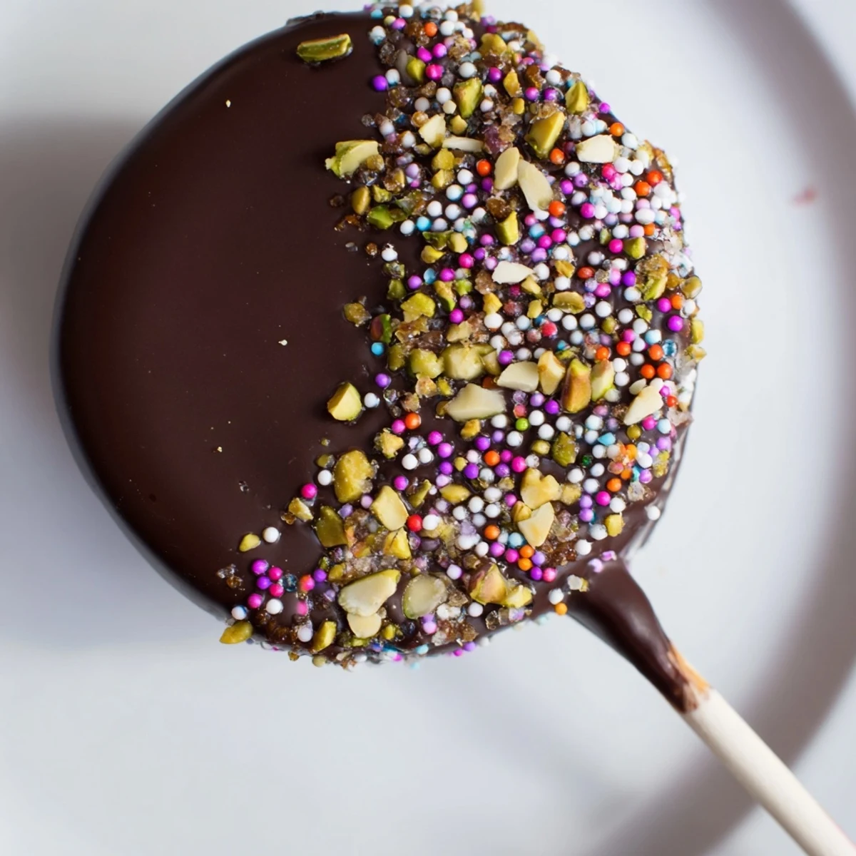 A hand holding a skewer with a single Chocolate Dipped Marshmallow, showing the rich dark chocolate coating and gooey marshmallow center.