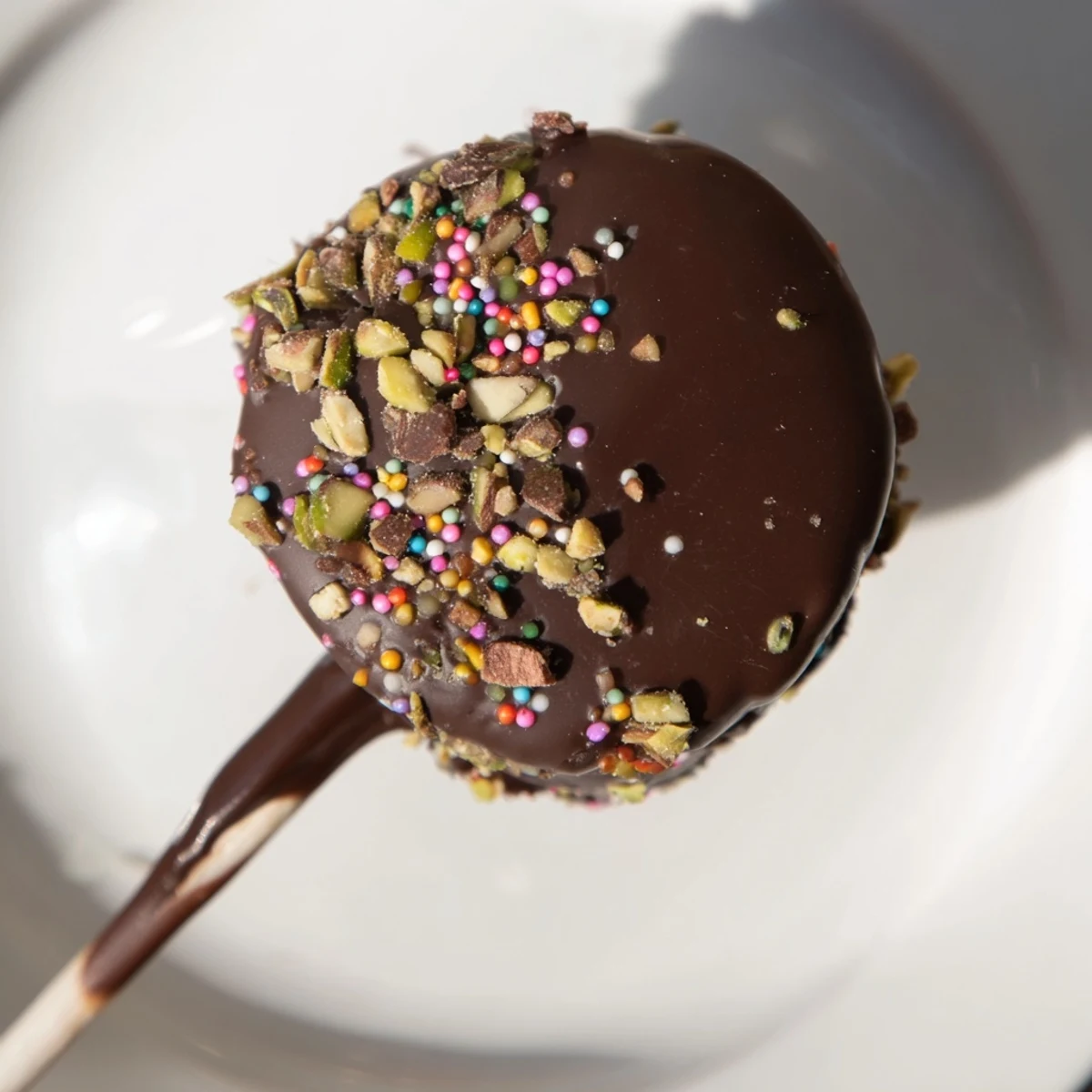 Twenty Chocolate Dipped Marshmallows stacked on a platter, featuring glossy chocolate shells with colorful sprinkles and crushed pistachios.