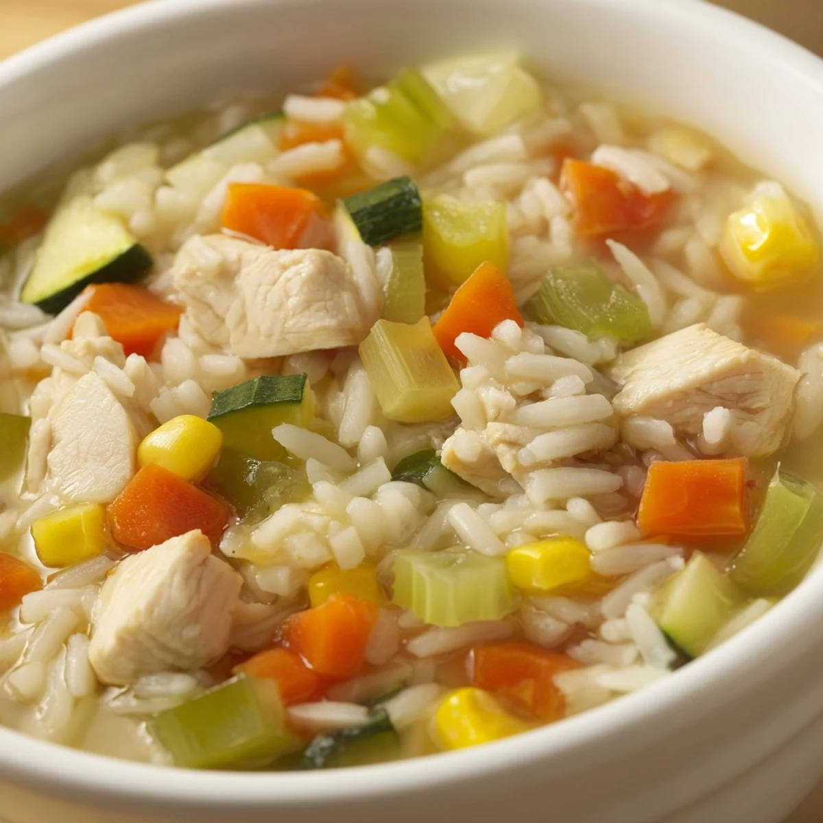 Hearty Chicken Vegetable Soup with Rice ladled into a white bowl, surrounded by colorful fresh ingredients.