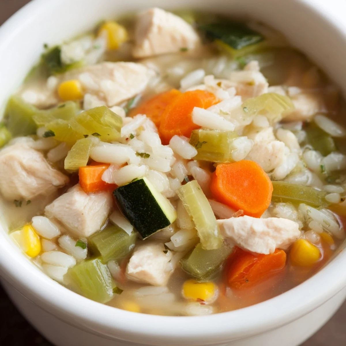 A warm bowl of Chicken Vegetable Soup with Rice garnished with fresh parsley on a rustic wooden table.