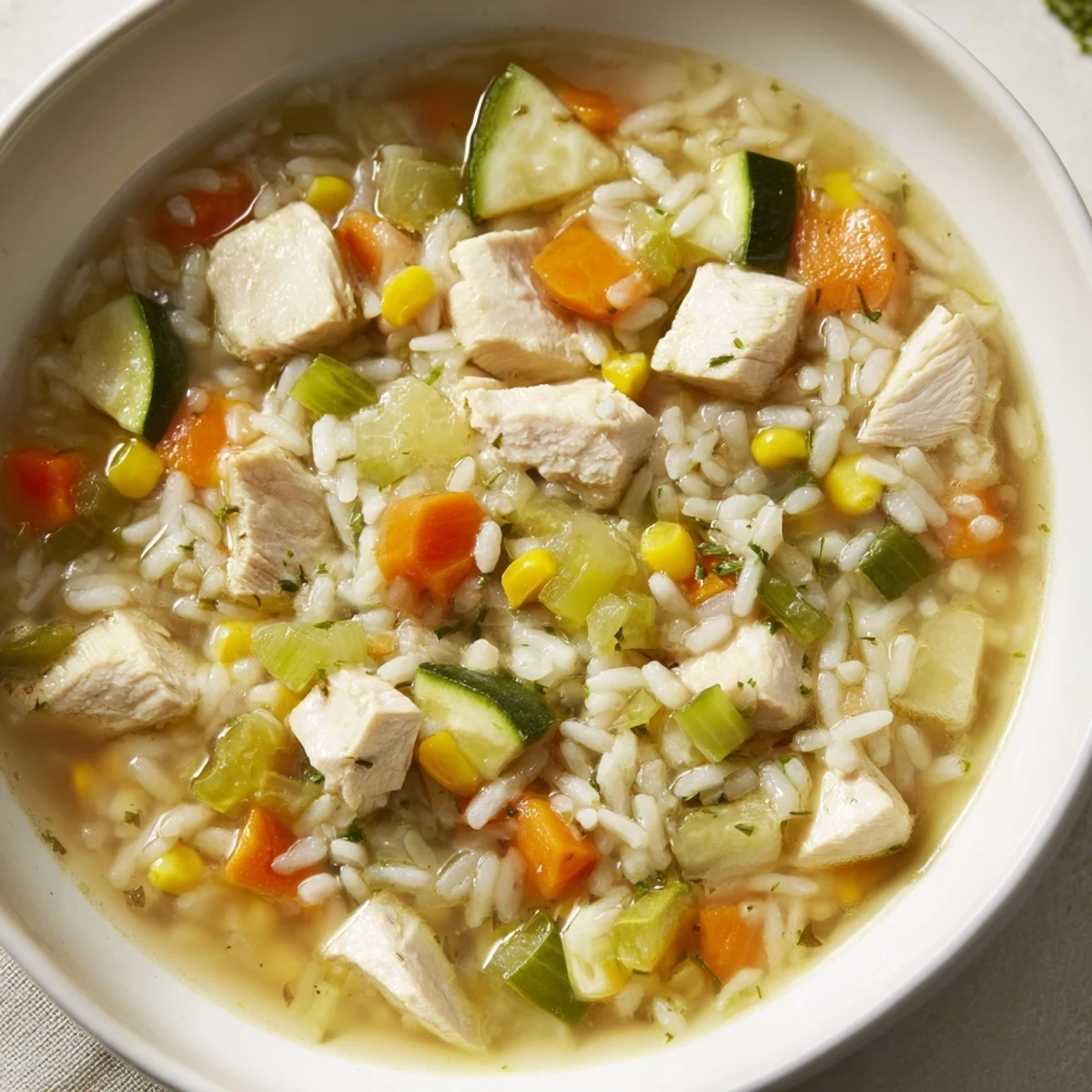 Homemade Chicken Vegetable Soup with rice simmering in a large pot, steam rising from the savory broth.