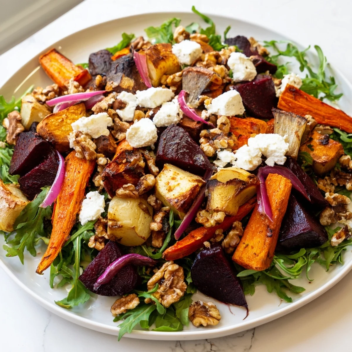 Golden roasted root vegetable salad with arugula, red onion, and crumbled goat cheese, drizzled with balsamic vinaigrette.
