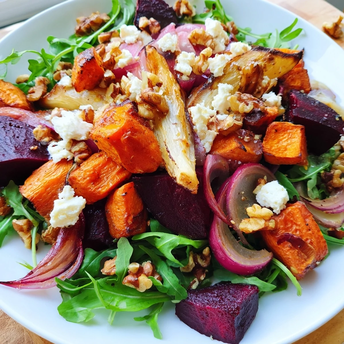 Colorful roasted carrots, parsnips, sweet potato, and beet salad topped with walnuts and tangy vinaigrette.
