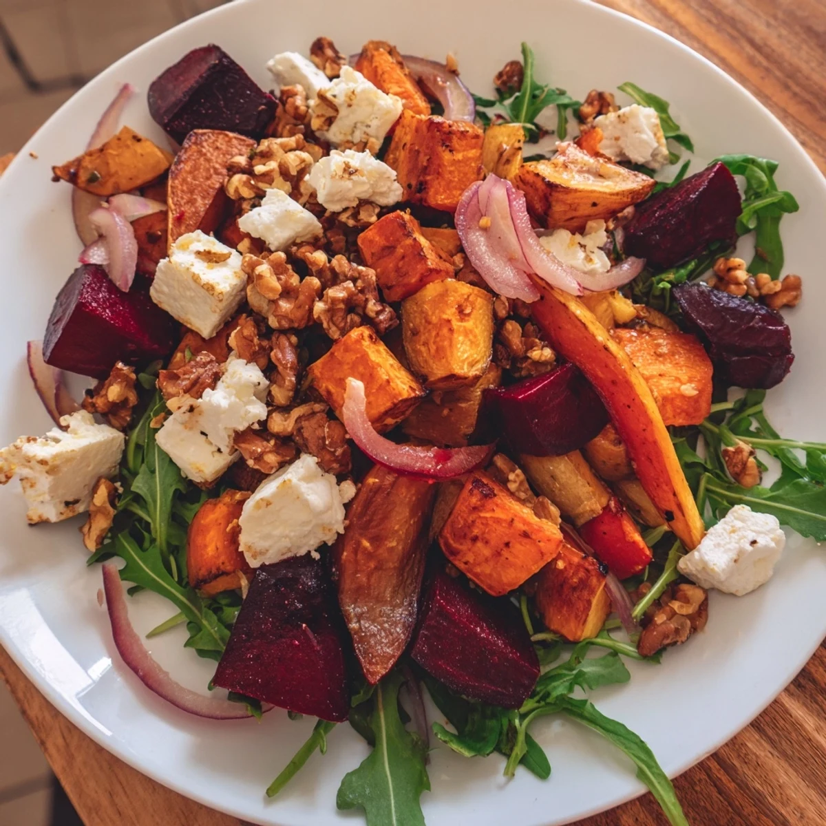 Hearty vegetarian roasted root vegetable salad with warm caramelized veggies, fresh greens, and creamy goat cheese.