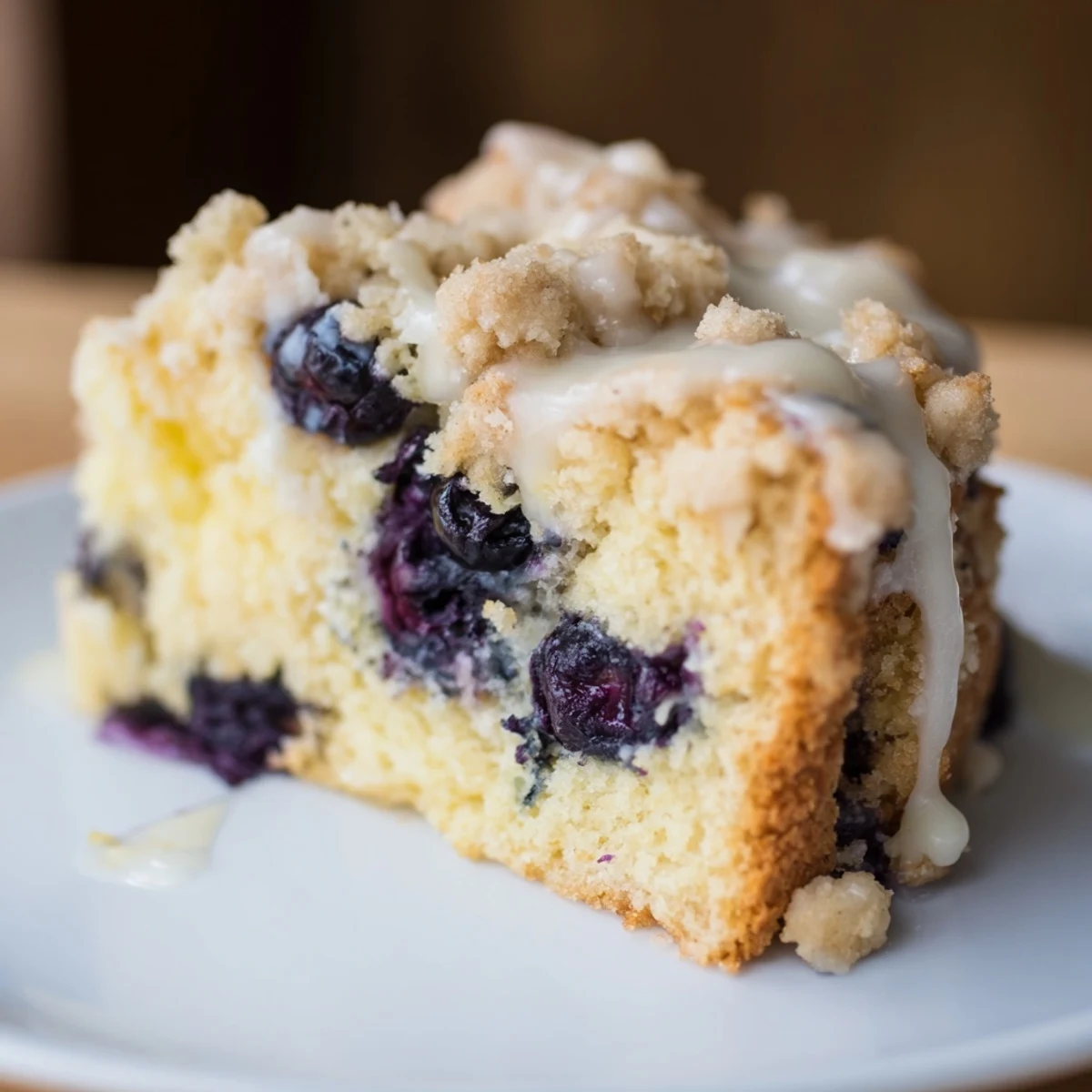 Overhead view of a warm Lemon Blueberry Coffee Cake packed with fresh blueberries and lemon zest.