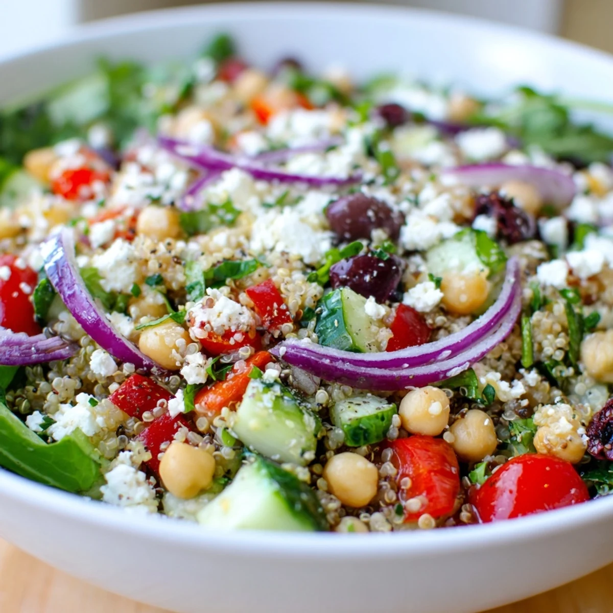 Close-up of Mediterranean Supper Salad with bright red tomatoes, diced cucumber, crumbled feta, and glistening olive oil dressing.