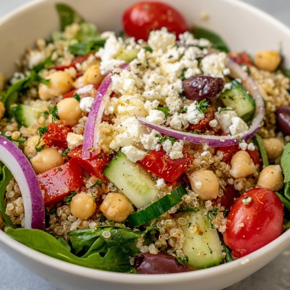 Fresh Mediterranean Supper Salad in a white bowl, filled with chickpeas, cherry tomatoes, cucumber, feta, and Kalamata olives.