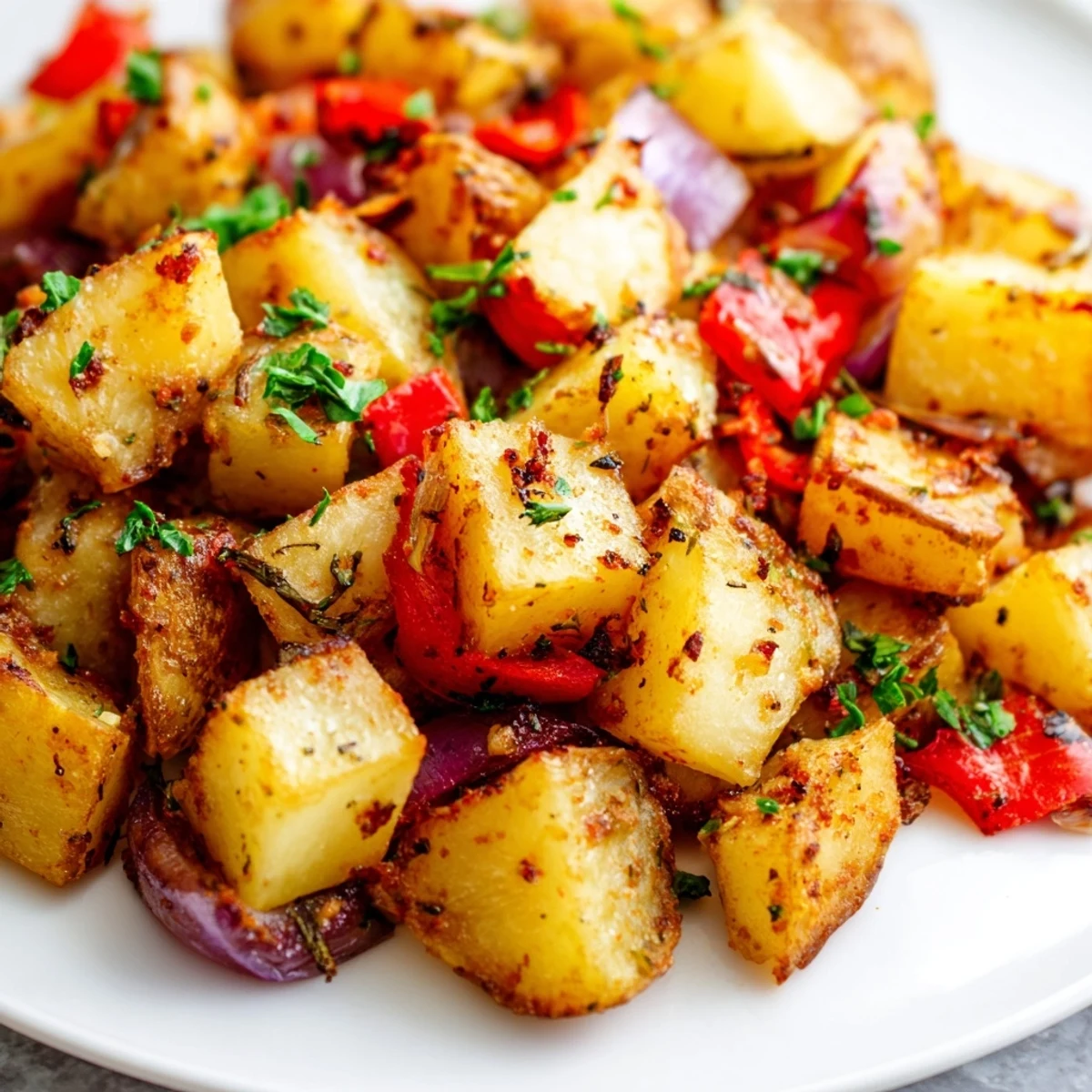 Golden brown roasted breakfast potatoes with crispy edges and herbs on a baking sheet.