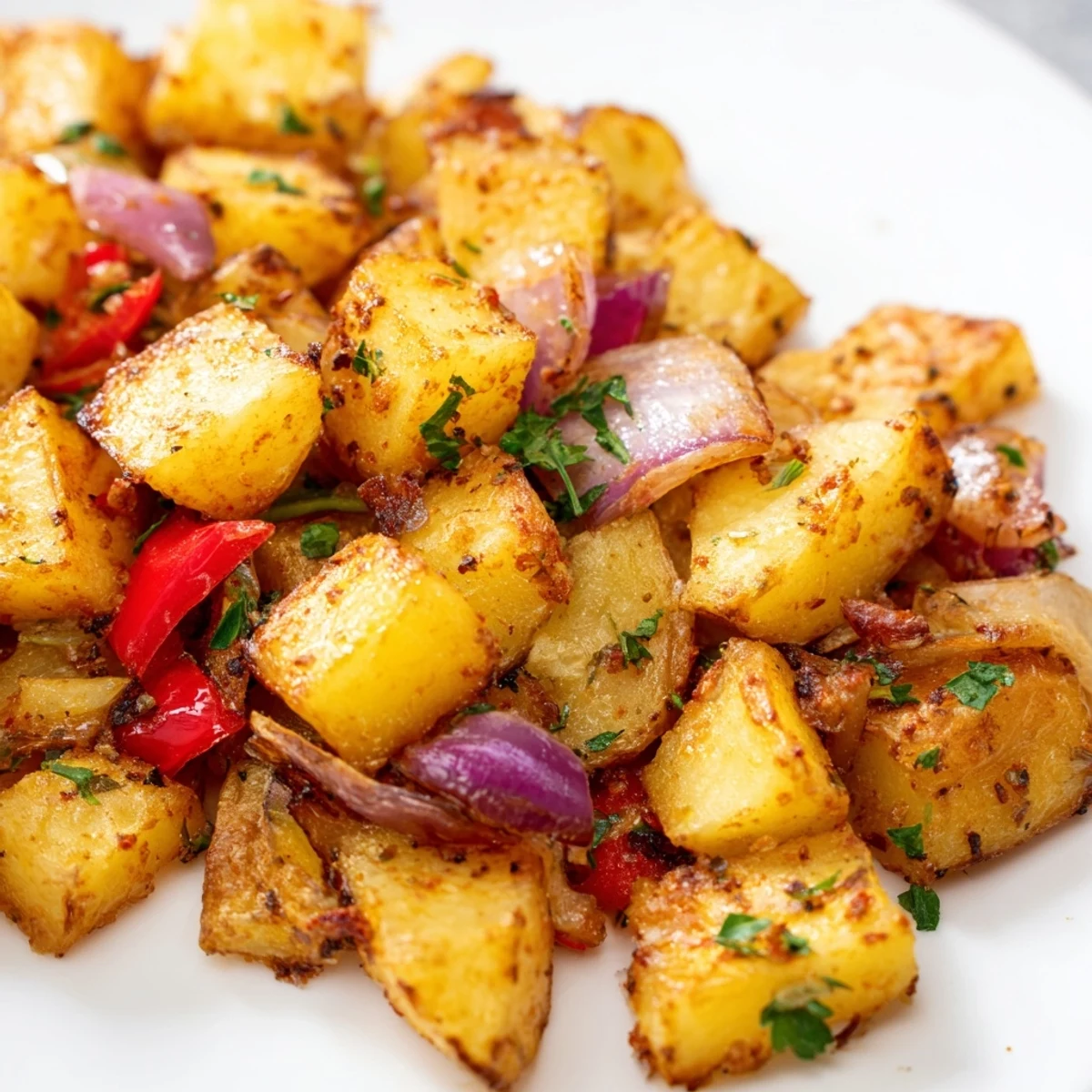 Diced Yukon Gold potatoes, red onion, and bell pepper roasted with paprika and garlic.