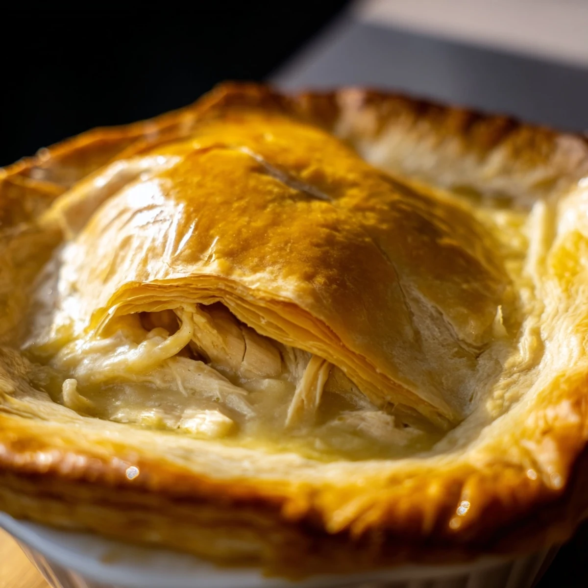Golden puff pastry tops a steaming Chicken Supper Pie with creamy chicken and peas. 