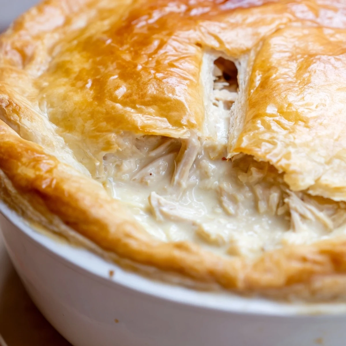 A sliced serving of Chicken Supper Pie reveals tender chicken and vegetables in sauce. 
