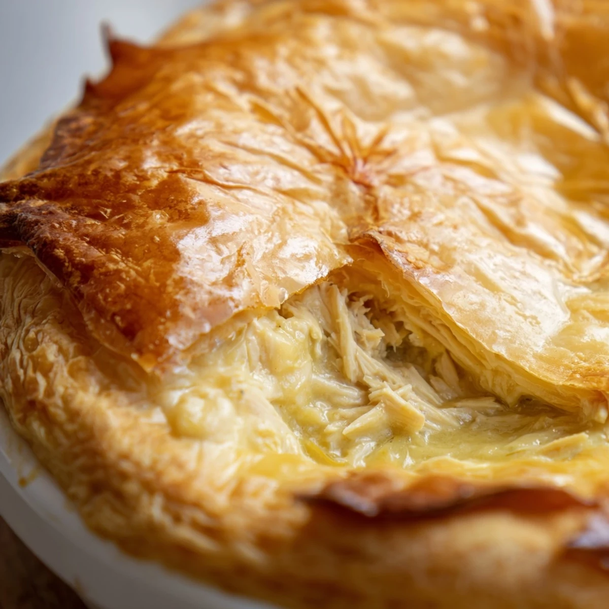 Freshly baked Chicken Supper Pie with a flaky crust sits beside a glass of wine.