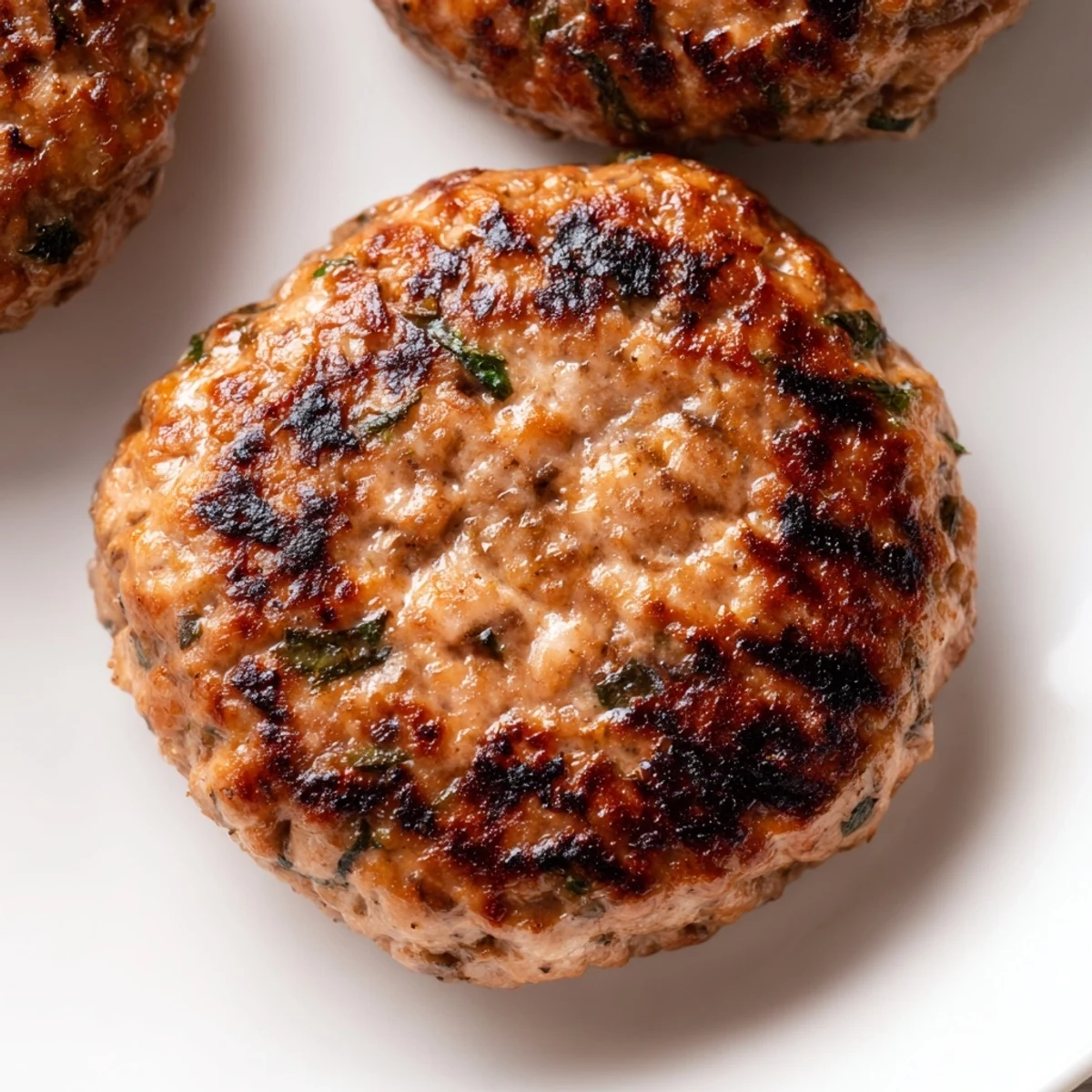 Homemade turkey breakfast sausage patties served on a plate alongside scrambled eggs and buttered toast.