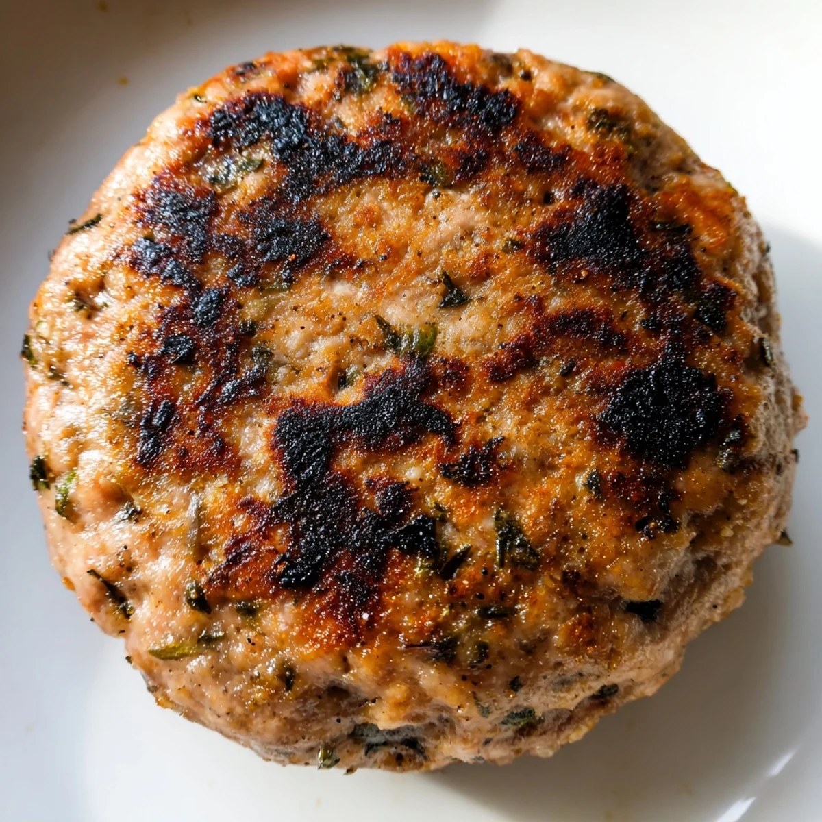 Golden-brown, juicy turkey breakfast sausage patties sizzling in a skillet, seasoned with sage and paprika.