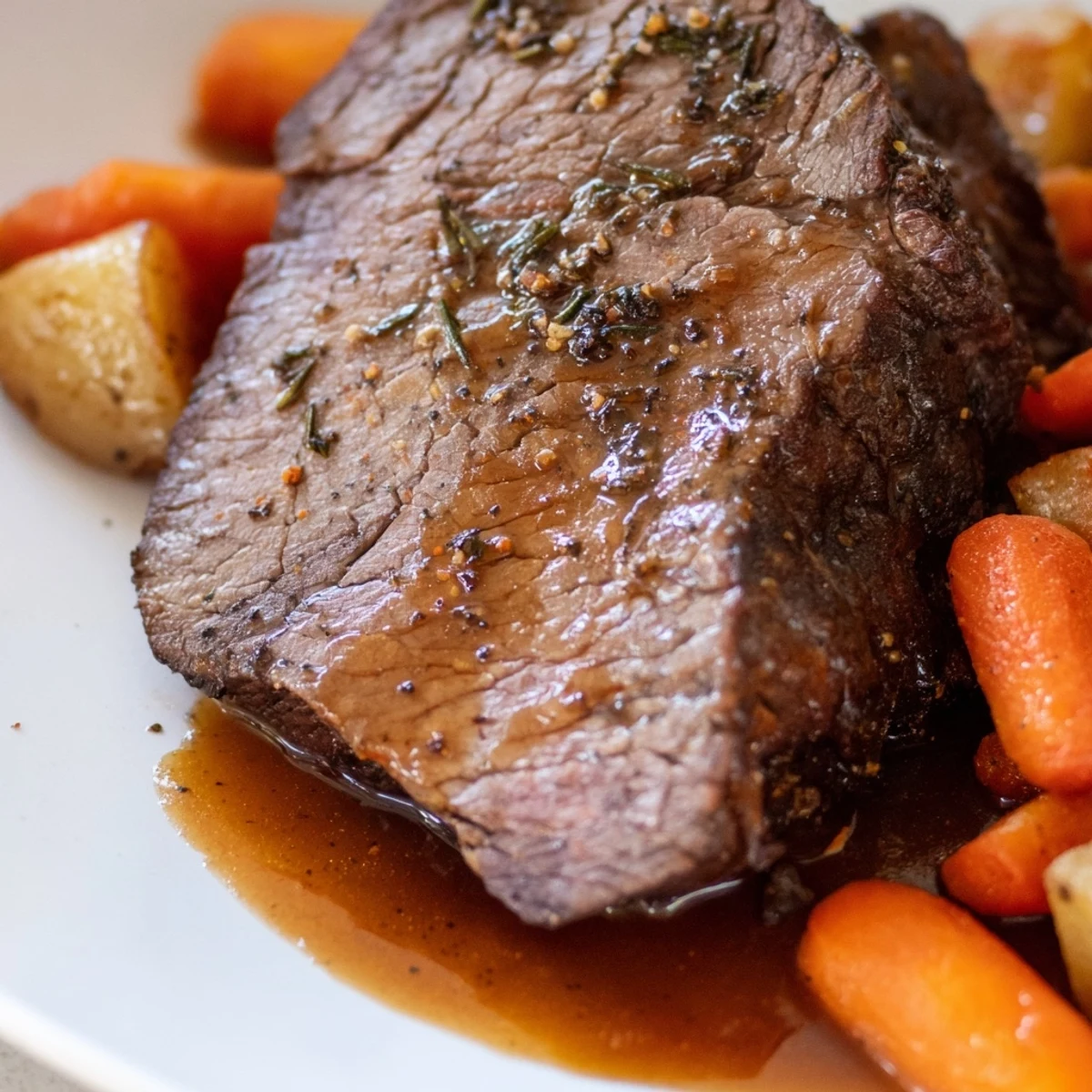Golden-brown Beef Supper Roast with carrots, potatoes, and onions glistening with rich pan juices. 