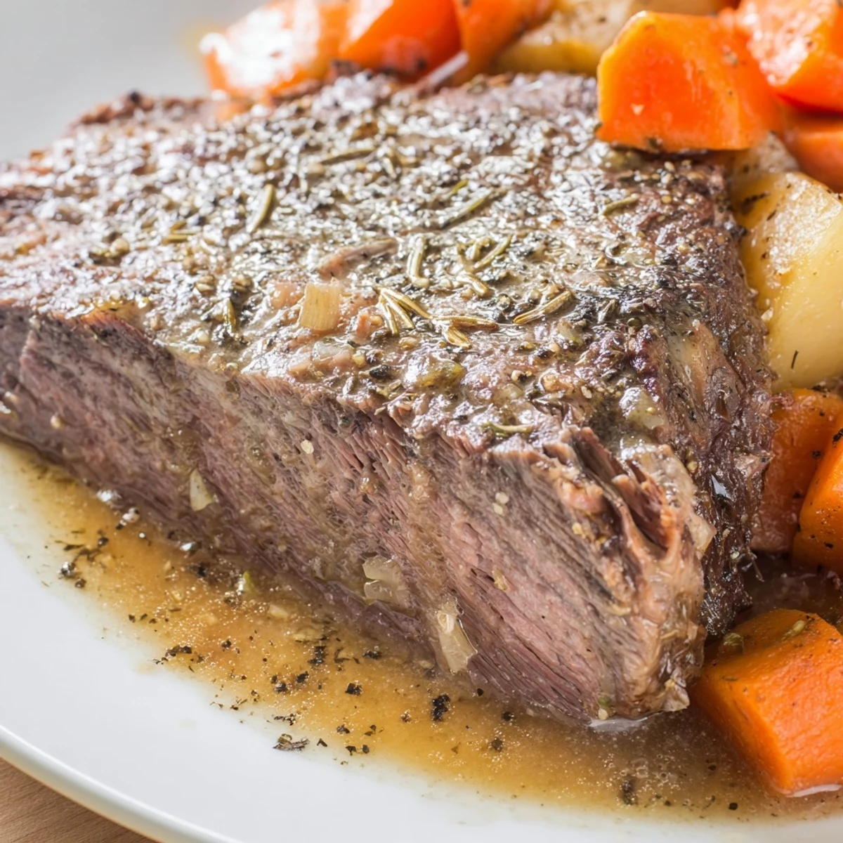 Sliced tender beef roast surrounded by roasted root vegetables in a rustic Dutch oven. 
