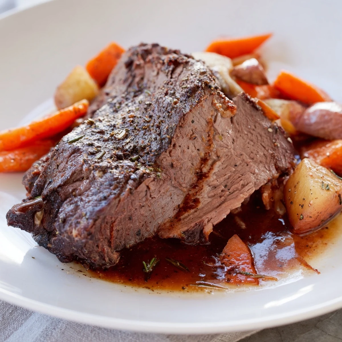 Freshly roasted Beef Supper Roast served with herbs and vegetables on a cozy dinner table.