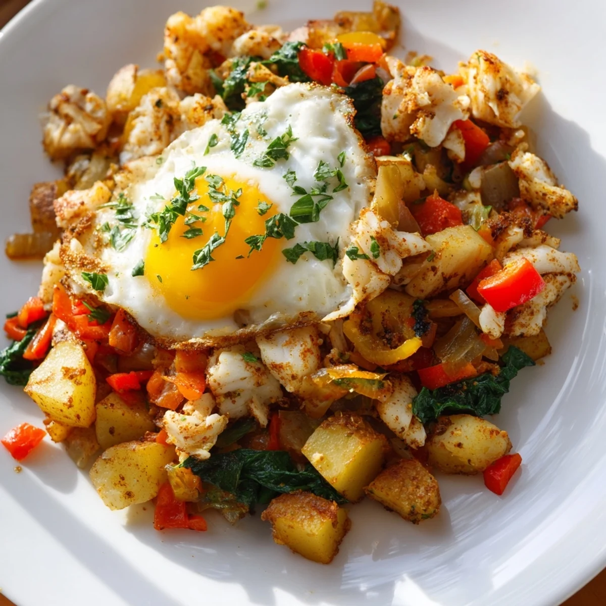 Healthy Baked Fish Breakfast Hash with tender white fish, rustic potatoes, and fresh thyme, ready to serve for a gluten-free brunch.