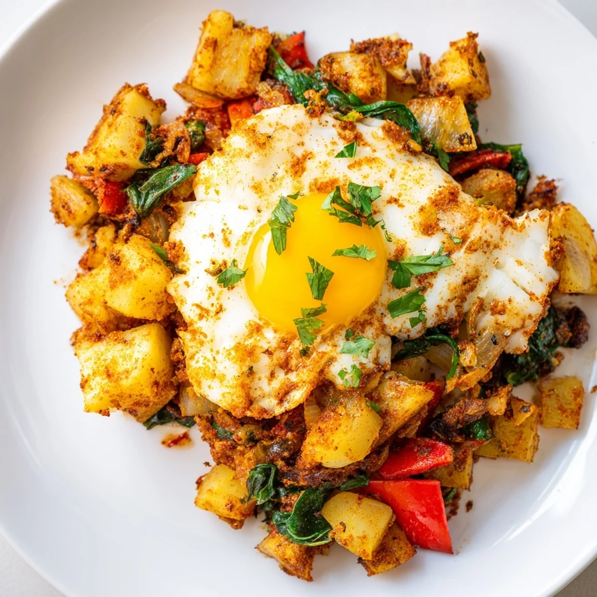 Perfectly cooked Baked Fish Breakfast Hash served warm in a skillet, topped with sunny-side-up eggs for a hearty American morning meal.