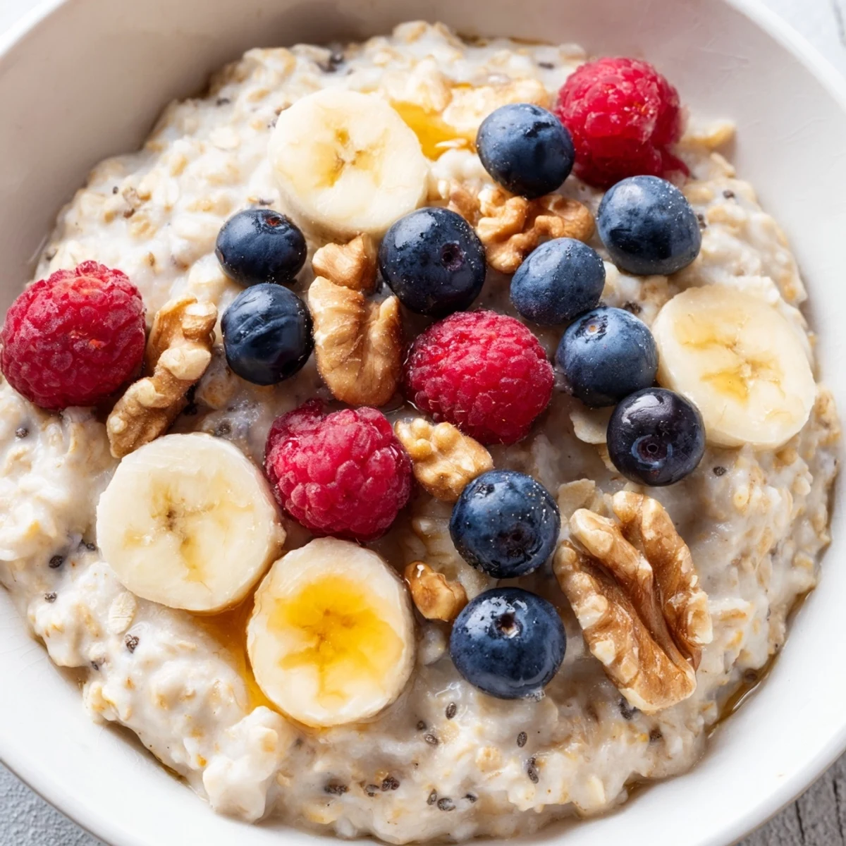 Stovetop Creamy Breakfast Oats simmered to a creamy texture, garnished with nuts and chia seeds in a rustic bowl.