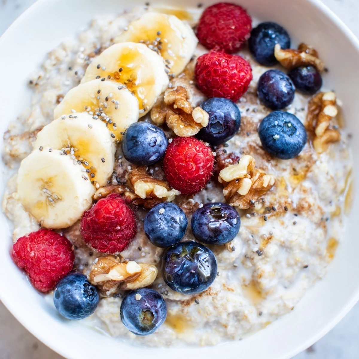 Colorful Creamy Breakfast Oats with fresh strawberries and blueberries, ready to enjoy with a drizzle of honey.