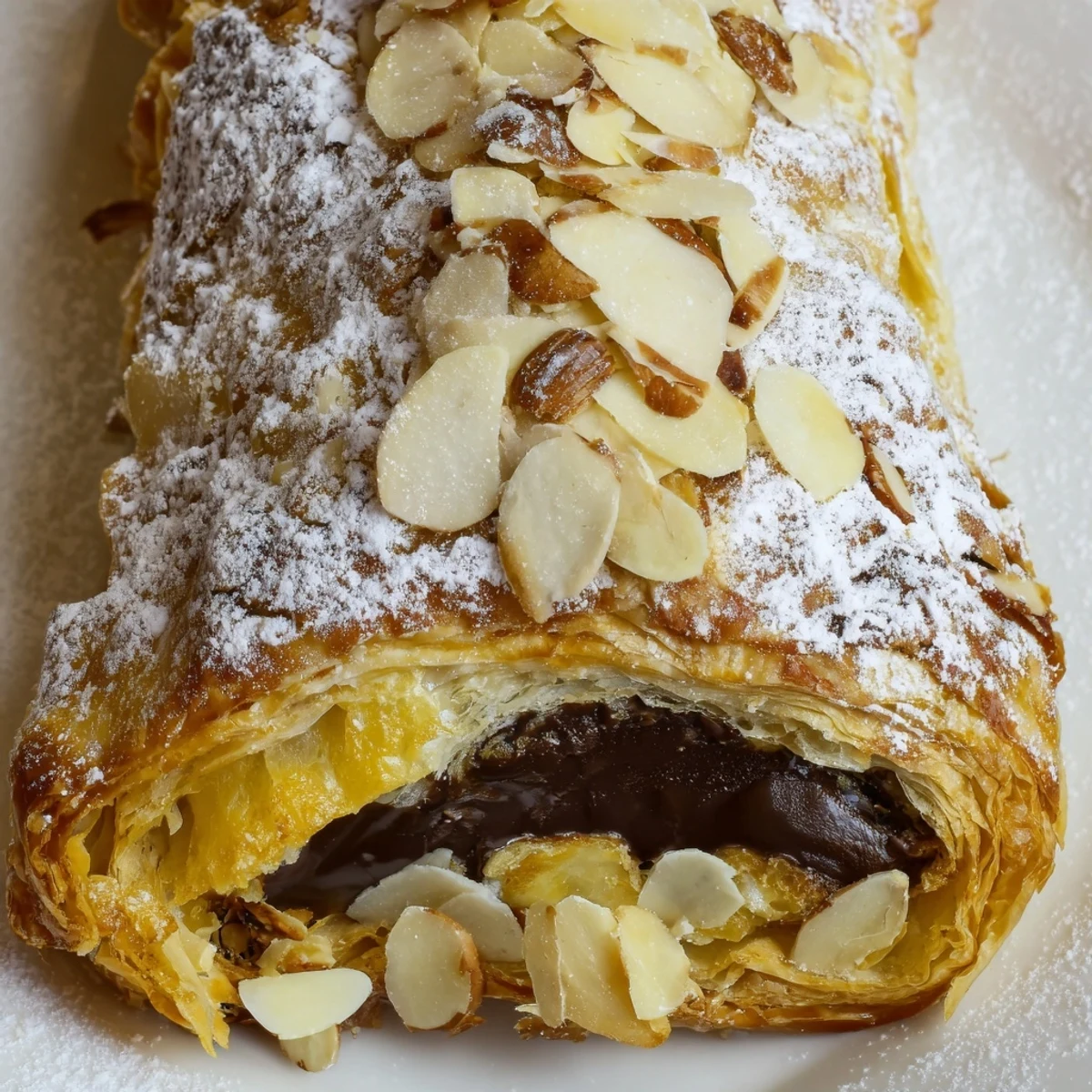 Golden, flaky Chocolate Breakfast Pastry fresh from the oven with powdered sugar dusting.