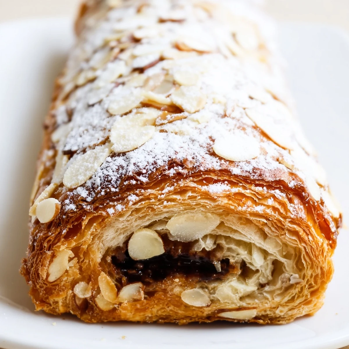A warm French-inspired Chocolate Breakfast Pastry served on a plate with coffee.