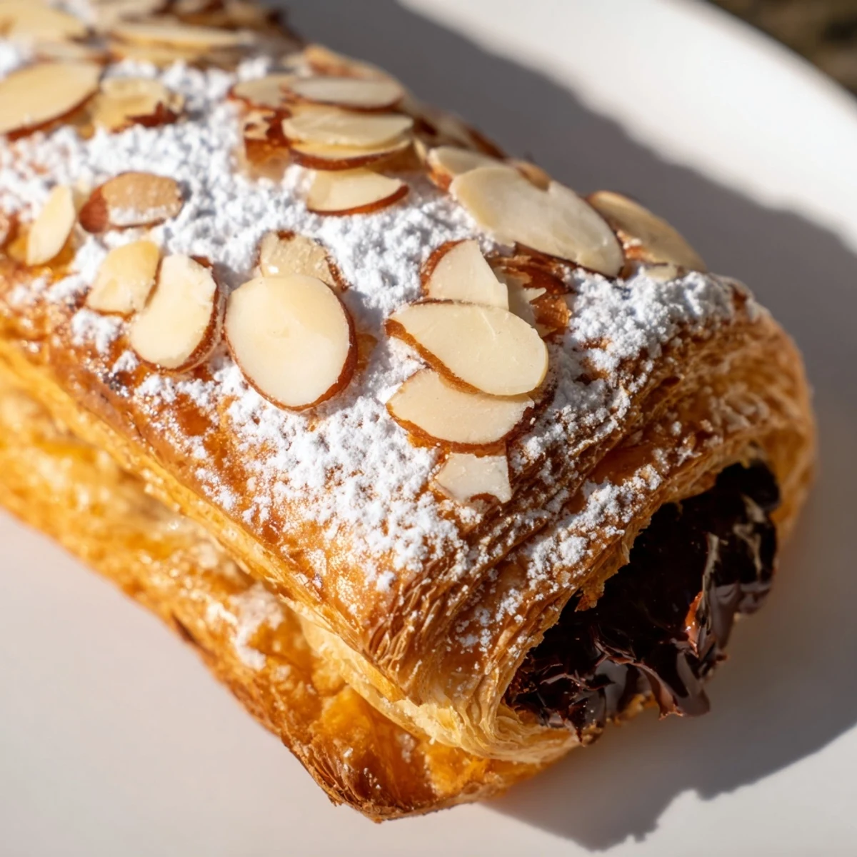 Freshly baked Chocolate Breakfast Pastry reveals melted dark chocolate and sliced almonds.