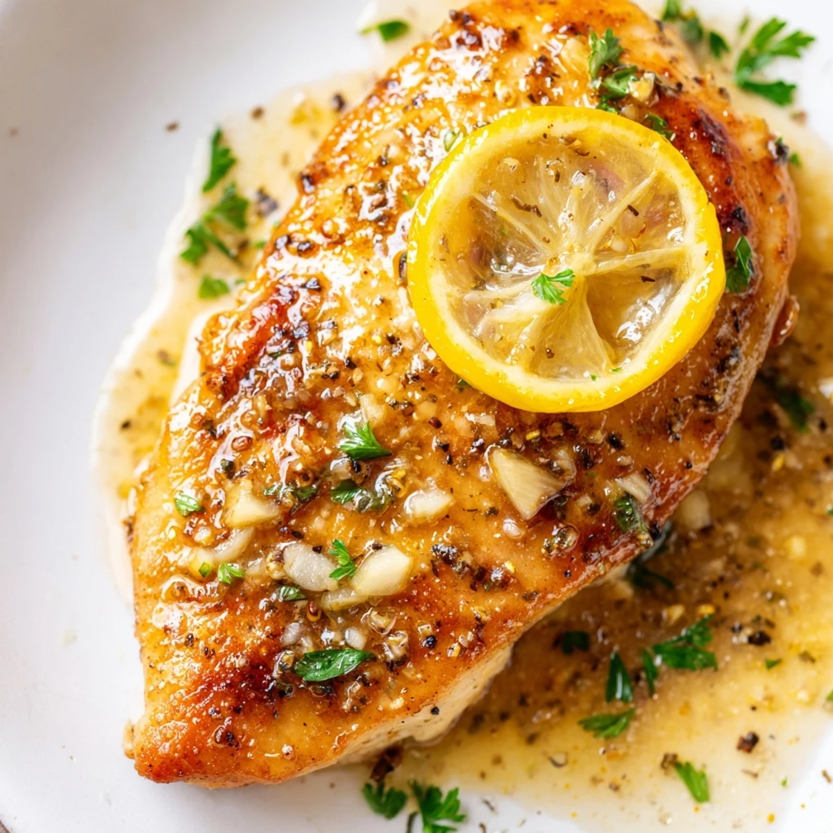 Juicy Lemon Supper Chicken breasts in a zesty, bubbling herb sauce, garnished with fresh parsley on a white plate.