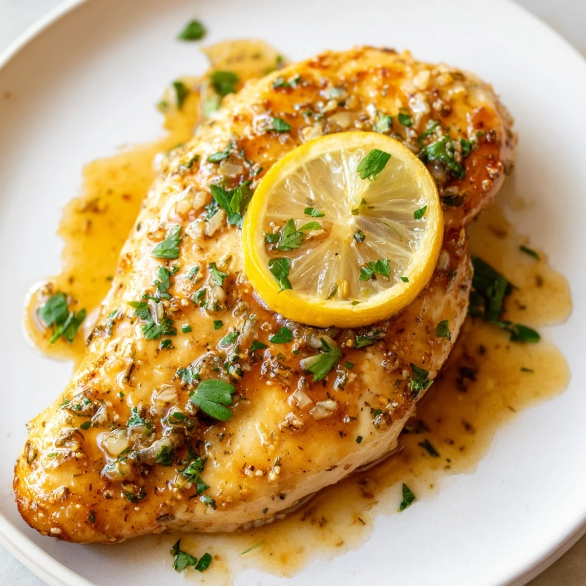 Pan-seared Lemon Supper Chicken resting in a glossy, herb-infused sauce with fresh parsley and bright lemon slices.