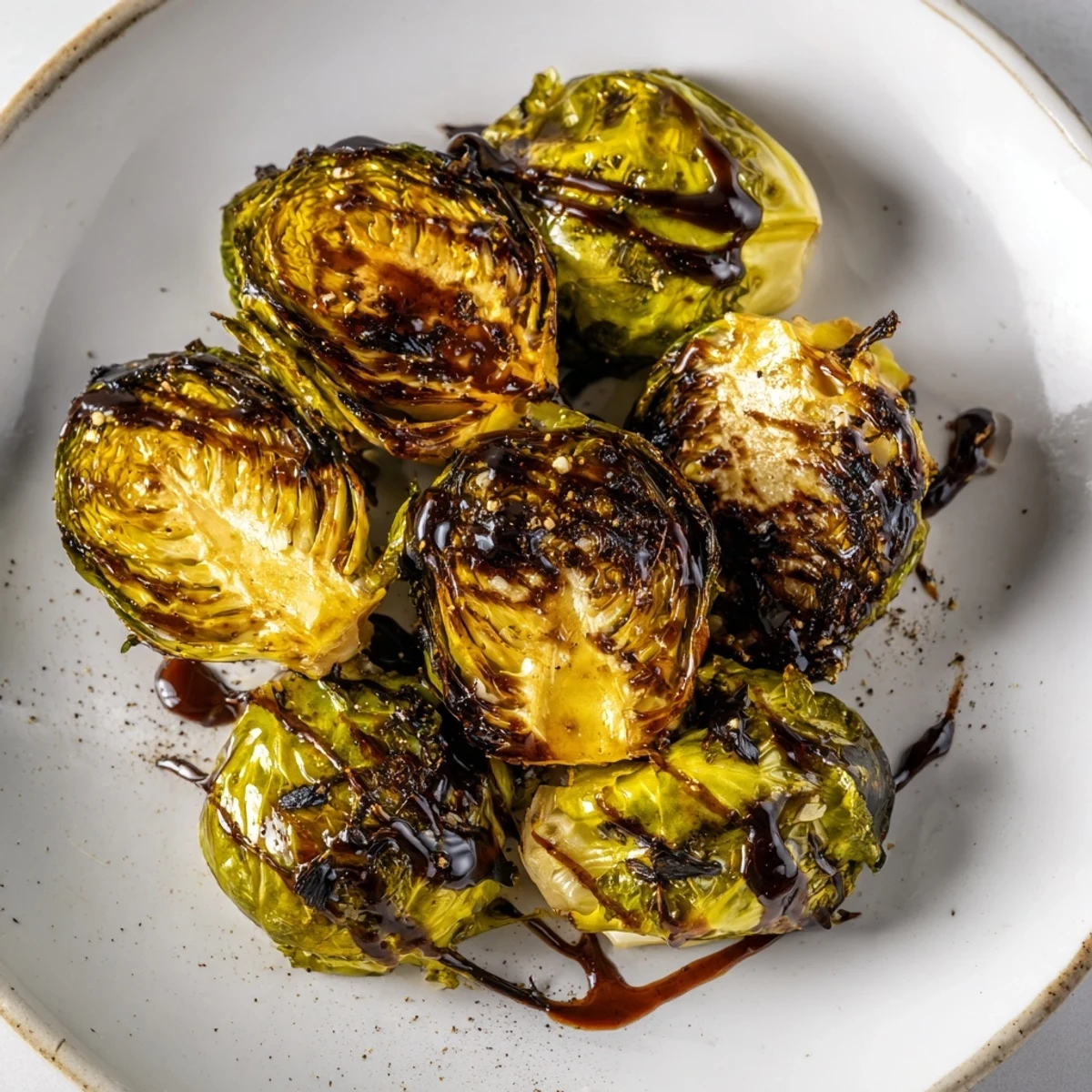 Crisp, golden Roasted Brussels Sprouts with Balsamic Glaze served warm on a rustic platter for a vegetarian side dish.