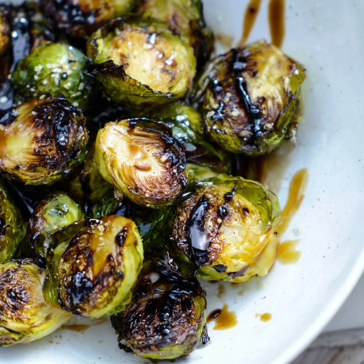 Close-up of Roasted Brussels Sprouts with Balsamic Glaze, showing caramelized edges and a sweet tangy drizzle.