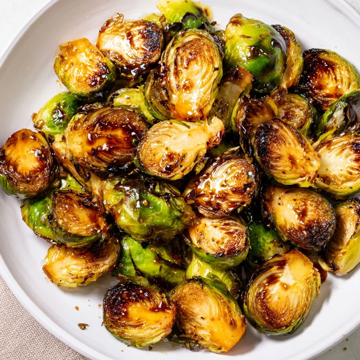 Freshly roasted Brussels Sprouts with Balsamic Glaze garnished with toasted nuts, perfect for an easy gluten-free dinner.