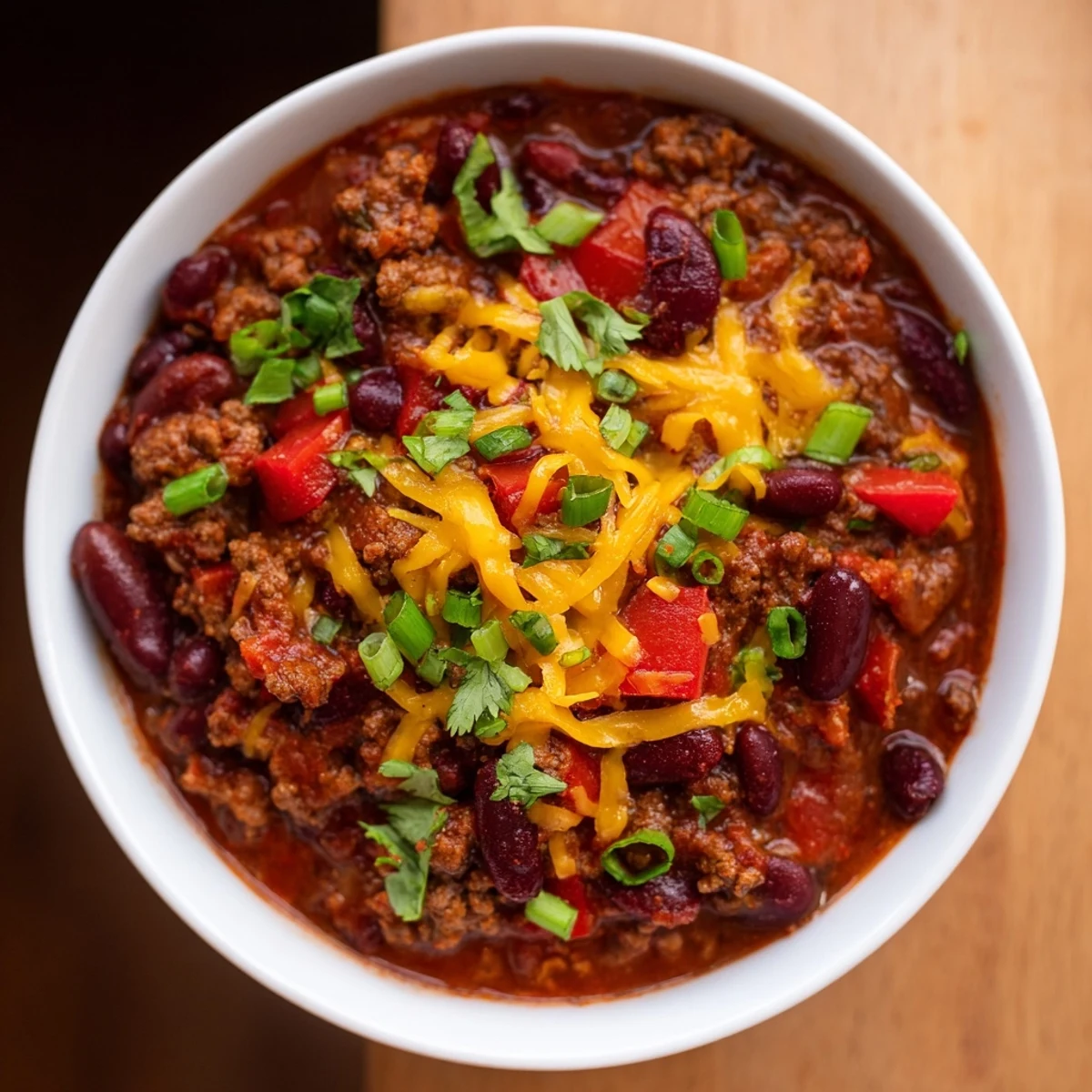 Ladled Beef and Bean Chili with Cheddar Cheese served warm with a side of cornbread.
