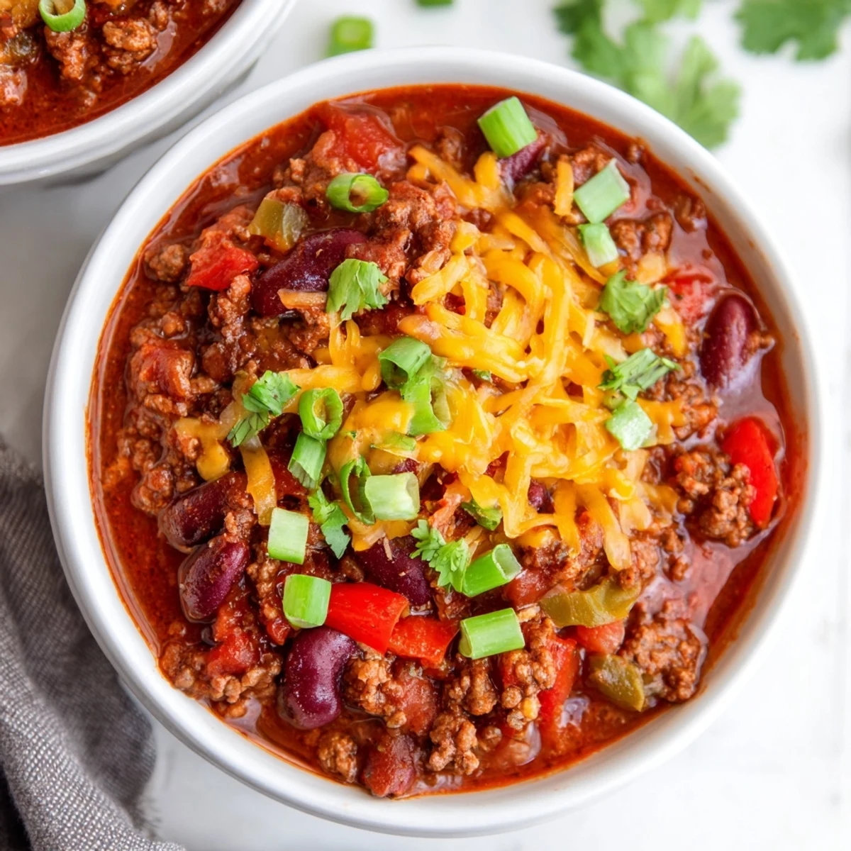 Rich, hearty Beef and Bean Chili with Cheddar Cheese topped with melty cheese and green onions.