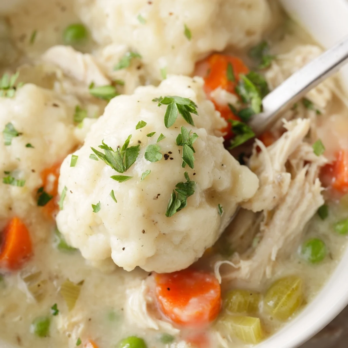 This hearty bowl of Slow Cooker Chicken and Dumplings is garnished with fresh parsley, perfect for serving on a cozy evening with a side of crusty bread.