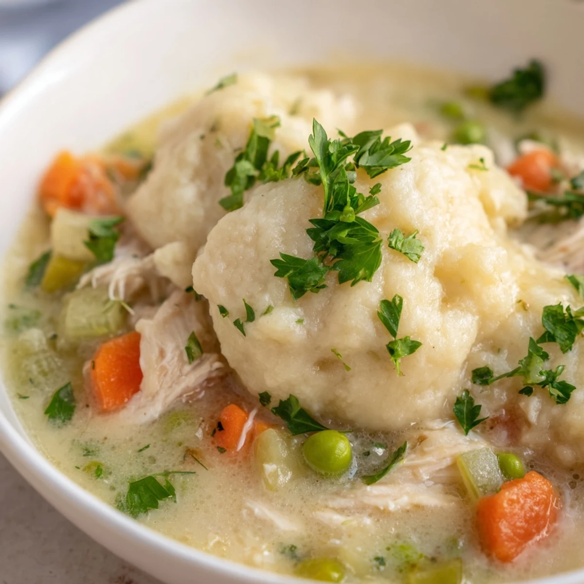Steam rises from a spoonful of Slow Cooker Chicken and Dumplings, revealing a creamy stew packed with savory chicken, celery, and vegetables in a family-sized slow cooker.