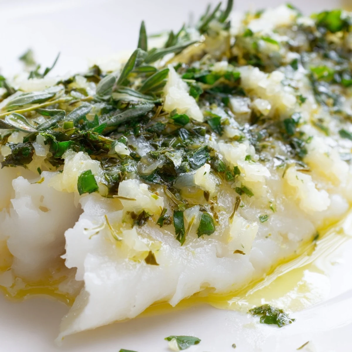 Flaky Baked Cod with Garlic Butter and Herbs glistening on a plate with fresh lemon wedges.
